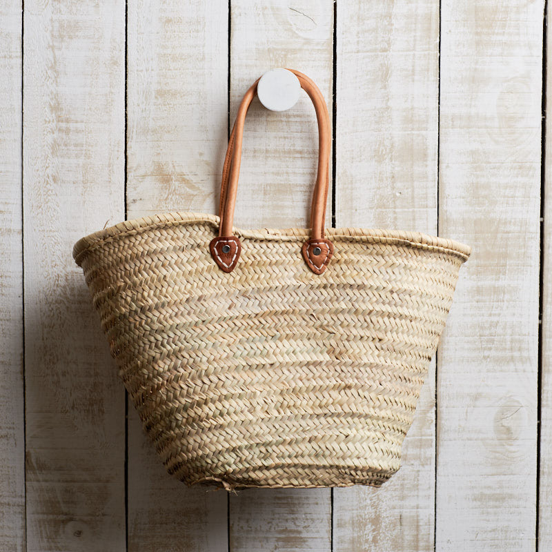 Round Straw Bag with Leather Long Handle